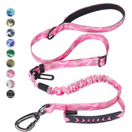 Hotsky Tactical Dog Leash Heavy Duty for Medium Large Dogs, 4-6Ft Strong Bungee Shock Absorbing Dog Leash, Padded Double Handle Military Dog Leashes with Car Seatbelt for Training,Pink Camo