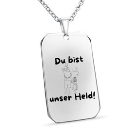 Hanessa Halskette " Du bist unser Held ", Geschenk für den Vater, 60 cm Edelstahl Kette in silber mit Lasergravur, mit Schmuckbox