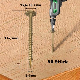 Dayalo Pack of 50 Wood Screws Torx 6.3 x 115 mm, Wood Screws Yellow, Flat Head Screws TX, Flat Head Screws Wood, Roof Construction Screws with Screwdriver Bit