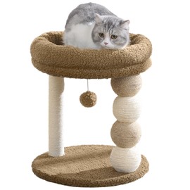 YOCAN Small Cat Tree Tower Indoor with Large Cozy Plush Top Perch, Natural Sisal Scratching Posts, Interactive Dangling Ball Great for Kittens and Cats (Brown)