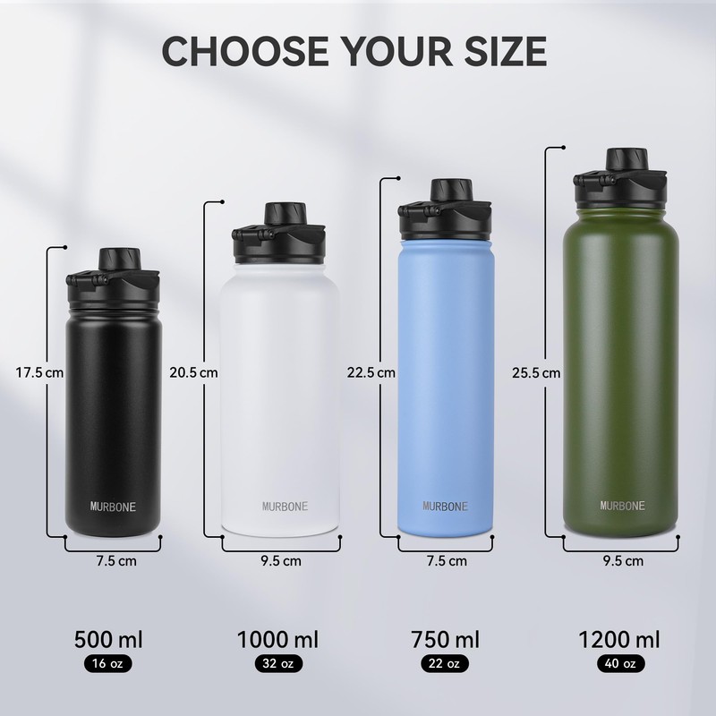 MURBONE Stainless Steel Drinking Bottle 500 ml (+ 2 Lids)