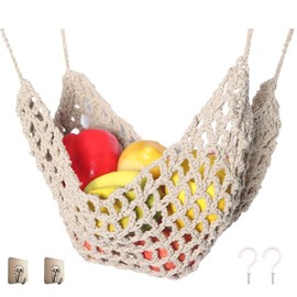 Komost Large Macrame Fruit Hammock with Hooks - Space-Saving Under Cabinet Hanging Kitchen Storage for Fruits, Veggies & Bananas