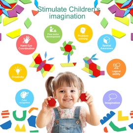 lankai Tangram, Children's Geometric Shapes Wooden Puzzles, Intelligence Puzzle Tangram, Wooden Puzzles, Geometric Puzzle, with Storage Bag and 12 Cards, for Children Girls Boys from 3 Years, Pack of