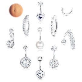 LOLIAS 9 Stück 14G Bauchnabelpiercing Chirurgenstahl Silber Piercing Bauchnabel CZ Clicker Bauchnabelpiercing Ring 10MM für Frauen Bauchnabelpiercing Set