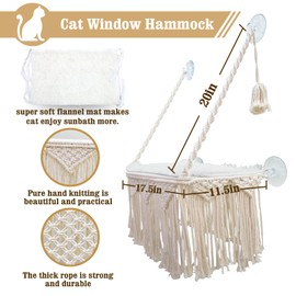 Cat Window Perch Macrame Cat Hammock Boho Wall Mounted Pet Resting Seat Bed for Sunbathing, Napping & Overlooking with 4 Seat Suction Cups & Fleece Blanket & Knitted Ball Toy - Weighted up to 35lbs.