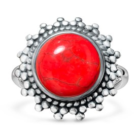 DALEGEM Natural Round Turquoise Stone Ring,S925 Sterling Silver Real Genuine Crystal Quartz Gemstone Stone Ring Jewelry (A04_Red Turquoise, 10)