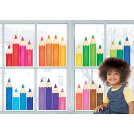 DECOWALL CDS9-9005 27pcs Color Pencil Window Stickers Rainbow Color Window Clings Reuseble Waterproof for Glass Decals Kids Classroom Nursery Window Home décor - Double Sided Print