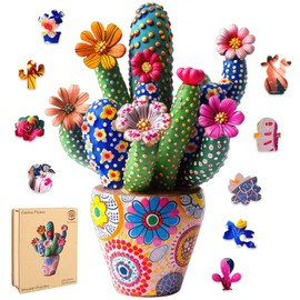 Mys Aurora Puzzles for Adults Cactus Flower Wooden Puzzles, 200 Pieces Unique Shaped Jigsaw Puzzles, FSC Certified Beautiful Birthday Gifts for Kids, Christmas Fun Family Game 10'' x 14''