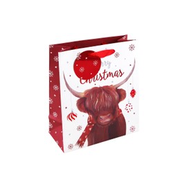 Eurowrap White Kraft Paper Merry Christmas Highland Cow Gift Bag with Gift Tag - Medium - Eco Friendly Fully Recyclable - Gift Bag for Christmas, Gift Wrap, Xmas, Festive Gift Bag