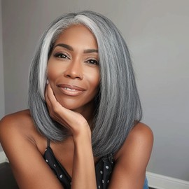 soul lady Salt And Pepper Straight 5x5 Bob Wig For Seniors More Grey Real Human Hair 5x5 HD Lace Wigs For Women Over 50 Pre Plucked Silver Gray 5x5 Lace Closure Wig Short Bob Glueless Wigs 12 Inch