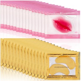 15 Pcs 24K Gold Eye Patch & 15 Pcs Crystal Lip Mask, Hydrating Collagen Gel
