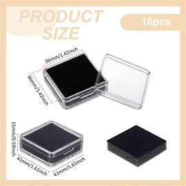 BENECREAT 16Pcs Plastic Gemstone Storage Boxes, 1.6x1.6x0.59inch Square Clear Jewelry Box with Black Sponge for Gemstone, Jewelry, Crystal Diamond Accessories Display