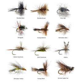Feeder Creek Fly Fishing Lures Assortment, 48 Dry Flies for Trout, Bass, Salmons & Other Freshwater Fish, 12 Patterns (2 of Each), Size 12 &14