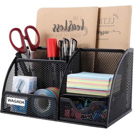 Organizador de Escritorio de Malla, Multifuncional Organizador de Accesorios de Escritorio, Portalápices de Malla con 6 Compartimentos y 1 Cajón para Oficina, Hogar, Escuela, Aula (Negro)