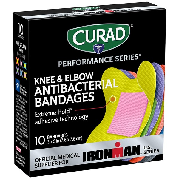 Curad - CURIM5022 Performance Series Ironman Knee and Elbow Antibacterial Bandages, Extreme Hold Adhesive Technology, Fabric Bandages, 10 Count