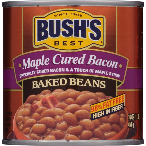 BUSH'S BEST Canned Maple Cured Bacon Baked Beans (Pack of 12) Source of Plant Based Protein and Fiber, Low Fat, Gluten Free, 16 oz
