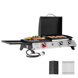 Grills House 3-Burner Portable Propane Gas Griddle with Side Burner, 3-in-1 Grill and Griddle Combo with Lid, Outdoor Cooking, 29,000 BTU, Silver, PD1305H-SC