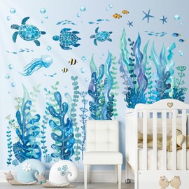 DECOWALL DS12-8084 Wall Stickers Seagrass and Sea Animals Blue Colourful Fish Turtle Ocean Jellyfish Wall Sticker Baby Nursery Kids Bedroom Removable Peel and Stick Tropical