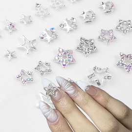 Eseres 40Pcs Star Nail Charms 3D Star Charm for Nails Silver Nail Charms Bulk Rhinestone Alloy Nail Studs for Nail Art Designs