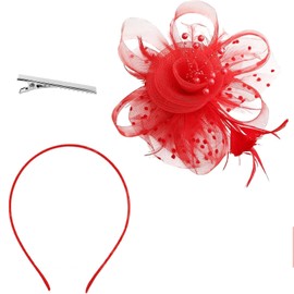 Red Fascinators for Women, Fascinators for Weddings, Tea Party, Weddings, Races, Special Occasions, Adjustable Headpiece with Ribbon & Pearl Accents ﻿