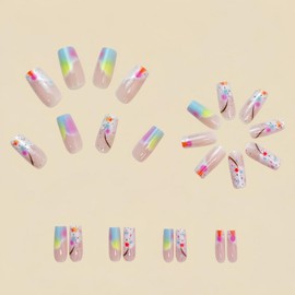 White French Press on Nails Short Square Shape Fake Nails Colorful Gradient Designs Spring Glossy False Nails Full Cover Acrylic Nails Stick on Nails for Women Nails Manicure Decoration 24 Pcs