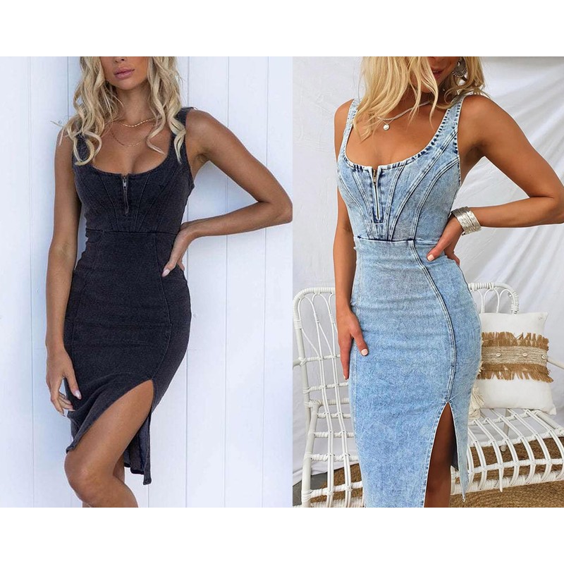 utcoco Denim Dress for Women Sleeveless Side Slit Bodycon Midi