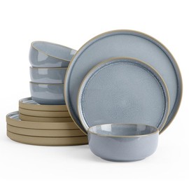 Famiware Nature Plates and Bowls Sets, 12 Pieces Stoneware Dinnerware Sets, Dishes Set for 4, Microwave and Dishwasher Safe - Color: Light Blue