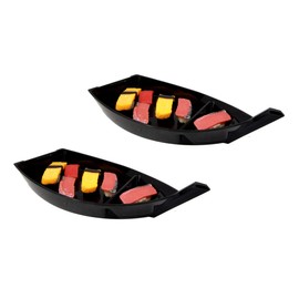 Ebros Japanese Traditional Black Sushi Boat Serving Plate 12"Long Restaurant Grade Plastic Lacquer Oriental Culture Omakase Sashimi Dinnerware Party Hosting Display Boat (2)