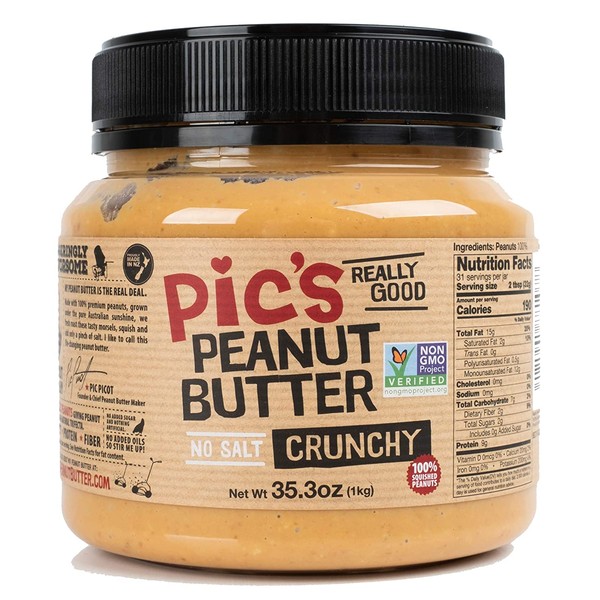 Pic’s Really Good Crunchy No Salt Peanut Butter, Made With All Natural Non GMO Gourmet Peanuts, Delicious Chunky Texture, Healthy Source of Protein & Fibre, No Added Sugar, Vegan Friendly (35.3oz)