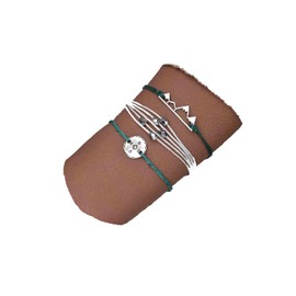 Aneneiceera Boho Layered Wax Rope Bracelet Blue Wax Bracelet Waterproof Braided String Bracelet Silver Disc Mountain Bracelet Vintage Compass Disc Hand Chain Bracelet Jewelry for Women