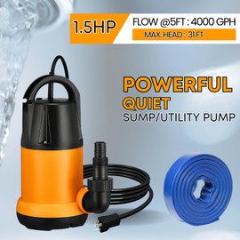 Limodot Submersible Water Pump With 25ft. Hose Kit, Sump Pump, Utility Pump with 25-Foot Power Cord, 4000GPH, Portable Water Pump for Swimming Pools, Garden Ponds, Basements, Multi-Purpose Drainage