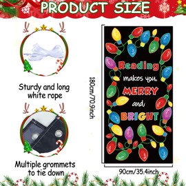 Wiooffen Christmas Door Cover Decoration Christmas Bulb Door Banner Xmas Hanging Backdrop Background for Home Winter Holiday School Classroom Decor Outdoor Indoor(Reading Makes Young Merry and Bright)