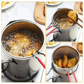 Kichvoe 5Inch Stainless Steel Fry Pot with Lid and Strainer Basket Stove Top Deep Fryer Japanese Tempura Deep Fryer Basket for French Fries Chicken Wings Shrimp with Stove Ring