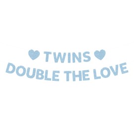 Pre-Strung Twins Double The Love Banner - Light Blue Glitter Baby Shower Decoration Supplies for Twin Babies, Twins Baby Shower Banner for Birthday/Gender Reveal Photo Booth Props