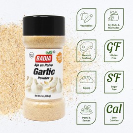 Badia Garlic Powder 8 oz – Pure Ground Garlic for Cooking, Seasoning & Marinades – Ideal for Meats, Vegetables, Sauces, Soups & Rubs