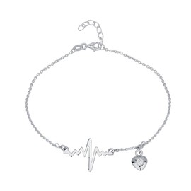 Vanbelle Sterling Silver Jewelry - Rhodium Plated with 925 Stamp - Heartbeat & Hanging Puffed Heart Anklet with Cubic Zirconia stone - Foot Jewelry Stylish Beautifully Designed- 9" long + 1" extender