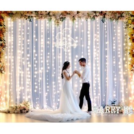 20ft X 10ft White Tulle Wedding Backdrop Curtains with Lights String 4 Panels Sheer Backdrop Curtains for Parties Bridal Shower Baby Shower Birthday Event Photo Shoot Background Home Decorations