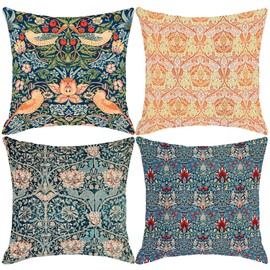 HOSTECCO William Morris Pillow Covers 45x45 cm Pack of 4 The Strawberry Thieves Golden Bough Design Art Pillow Cases Square Decorative Cushion Covers for Sofa Couch