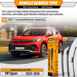 AUTOBOO 25"+22" Windshield Wipers with 15" Rear Wiper Blade Replacement for Volkswagen VW Tiguan 2018 2019 2020 2021 2022 2023 2024 2025 -Original Factory Quality (Pack of 3)