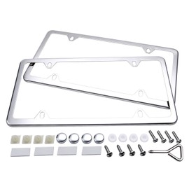 Ohuhu License Plate Frames, 2 Pcs 4 Holes Slim Stainless Steel Polish Mirror License Plate Frame + Chrome Screw Caps (Silver)
