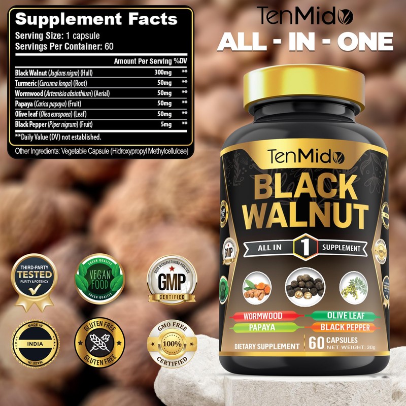 Black Walnut Supplement - 6in1 Blend with Wormwood, Turmeric, Papaya,