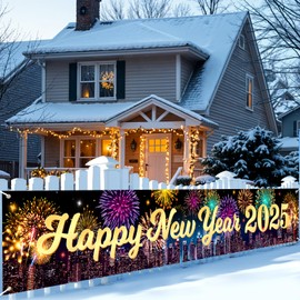 Happy New Year 2025 Large Yard Banner Decorations - Colorful Firework Sign for Holiday Eve Party Supplies - Photo Booth Prop for Christmas and New Year's Eve