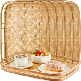 FillTouch 6 Pcs Bamboo Wicker Serving Trays 16.93 x 13 x 1.57 Inch Hand Woven Lap Trays for Eating Rectangular Flat Baskets Trays Decorative Bedroom Bed Tray for Eating Dinner Tray Fruit Snack Holder