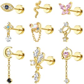 Kakonia 9 Stück 16G Dangle Helix Piercings Tragus Knorpel Ohrringe für Damen 316L Edelstahl Ohrstecker Set Tragus Helix Conch Ohrringe Labret Zirkonia Schmetterling Herz Schlange Ohr Piercing