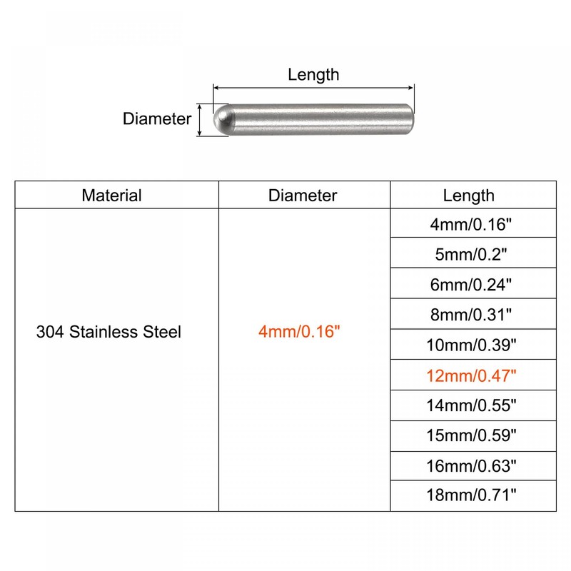 sourcing map 4x12mm Dowel Pins, 20pcs 304 Stainless Steel Round