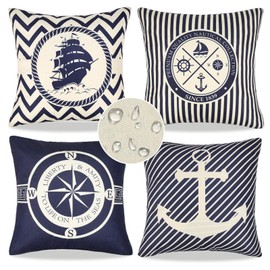 Waterproof Cushion Covers 45x45cm Pack of 4 Outdoor Garden Summer Nautical Pillow Case Anchor Navigation Sailboat Pattern Pillowcase Linen Decorative Throw Pillow Covers for Sofa Couch (Blue Stripes)