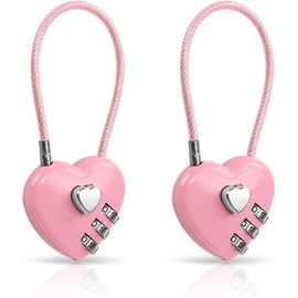 2 Pcs Pink Combination Lock, 3 Digit Heart Shaped Padlock for School Gym Locker, TSA Approved Cable Luggage Locks, Sports Locker Lock, Fence, Luggage, Backpack, Valentine Gift, Luggage Accessories