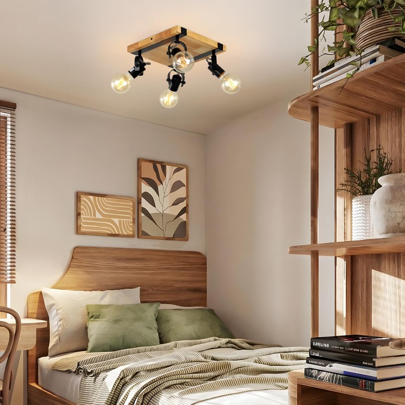 SEEBLEN Farmhouse Wooden Flush Mount Ceiling Lamp,4-Light Directional Ceiling Spotlight