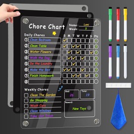Acrylic Magnetic Chore Chart for Kids, Transparent Erasable Reward Chart for Teens and Adults Chore Checklist with 6 Markers and Towel