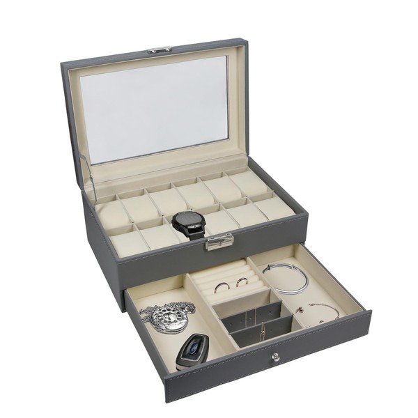 Ogrmar 12 Slot PU Leather Lockable Watch Storage Boxes, Men